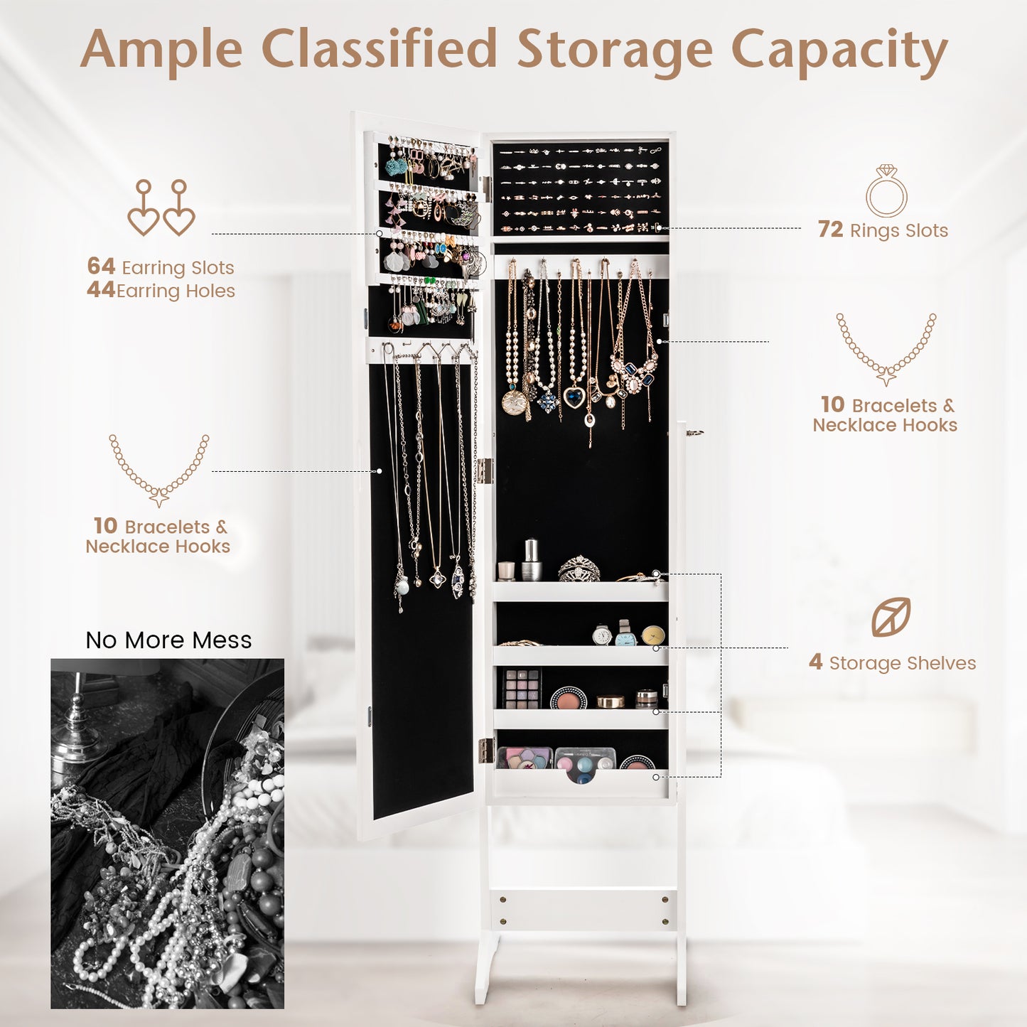 Freestanding Jewelry Cabinet Armoire with Full-Length Mirror and Storage Organizer for Accessories – White