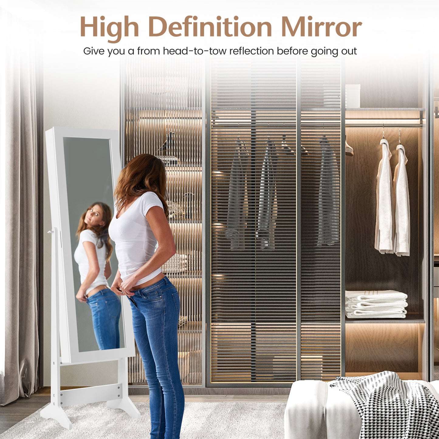 Freestanding Jewelry Cabinet Armoire with Full-Length Mirror and Storage Organizer for Accessories – White
