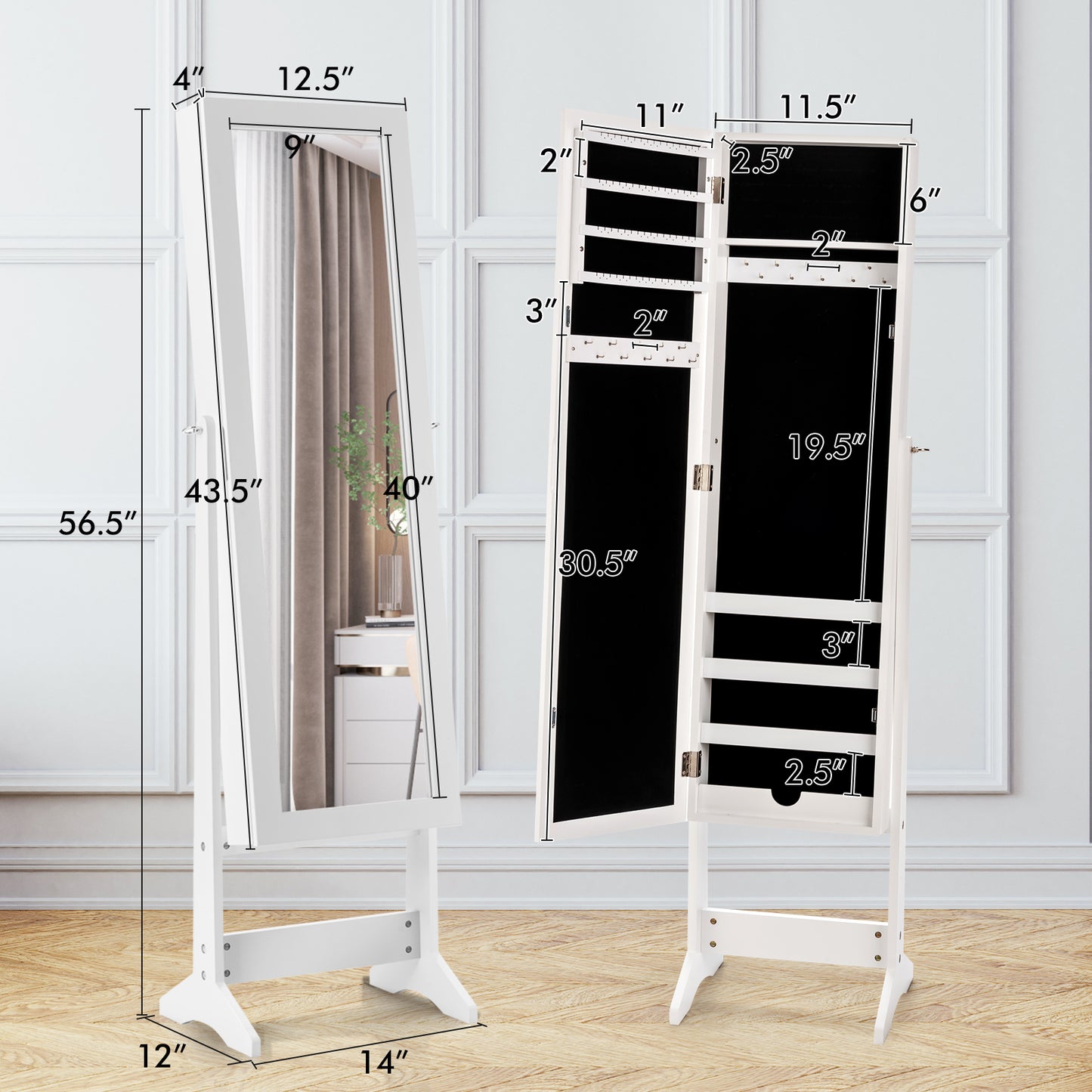 Freestanding Jewelry Cabinet Armoire with Full-Length Mirror and Storage Organizer for Accessories – White