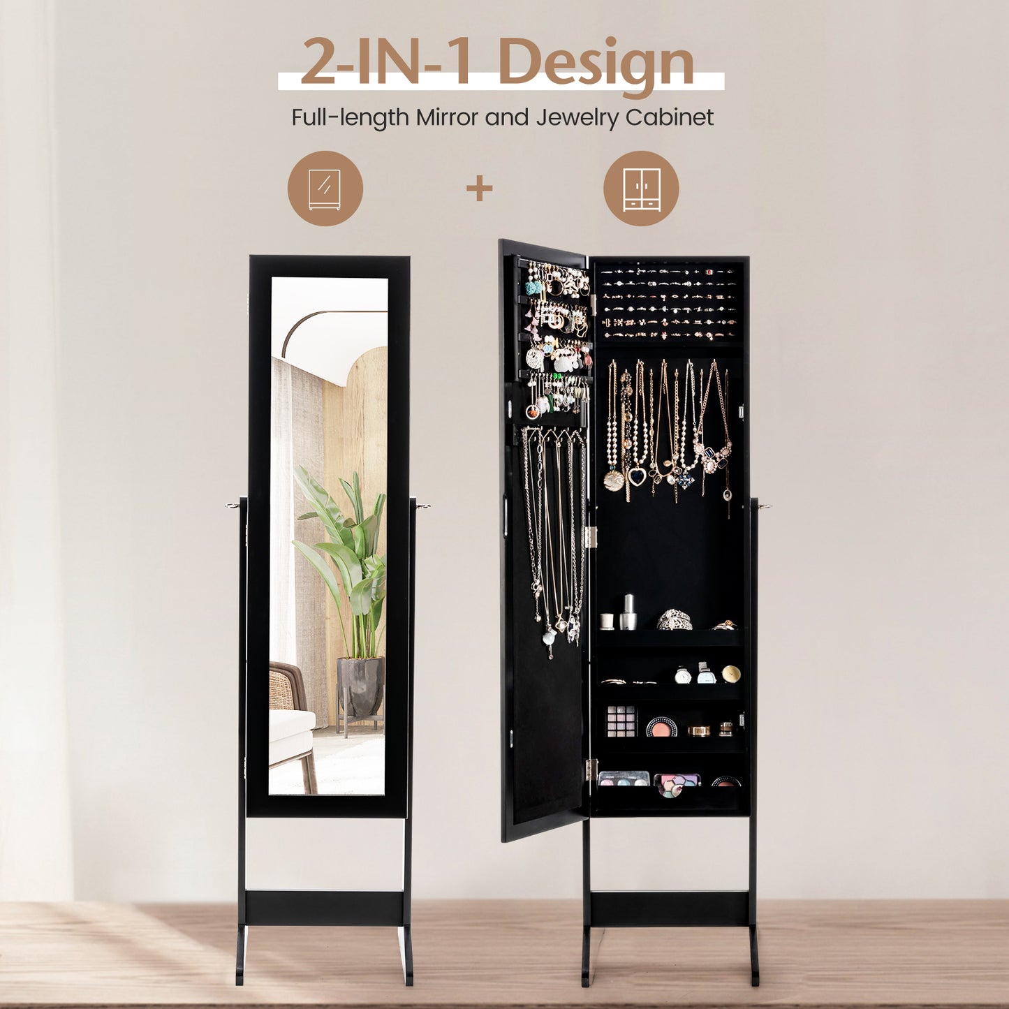 Freestanding Jewelry Cabinet Armoire with Full-Length Mirror and Storage Organizer for Accessories – Black
