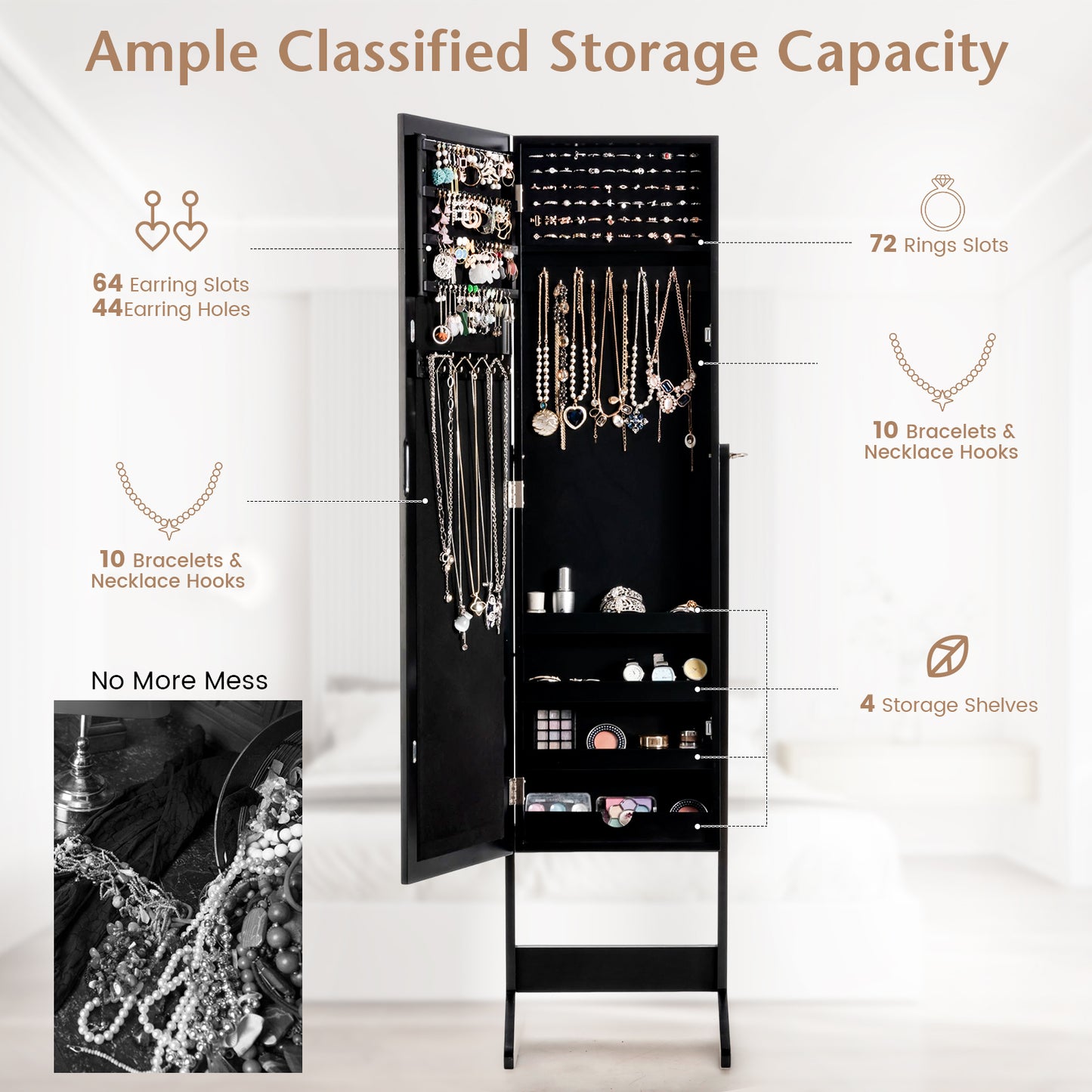 Freestanding Jewelry Cabinet Armoire with Full-Length Mirror and Storage Organizer for Accessories – Black