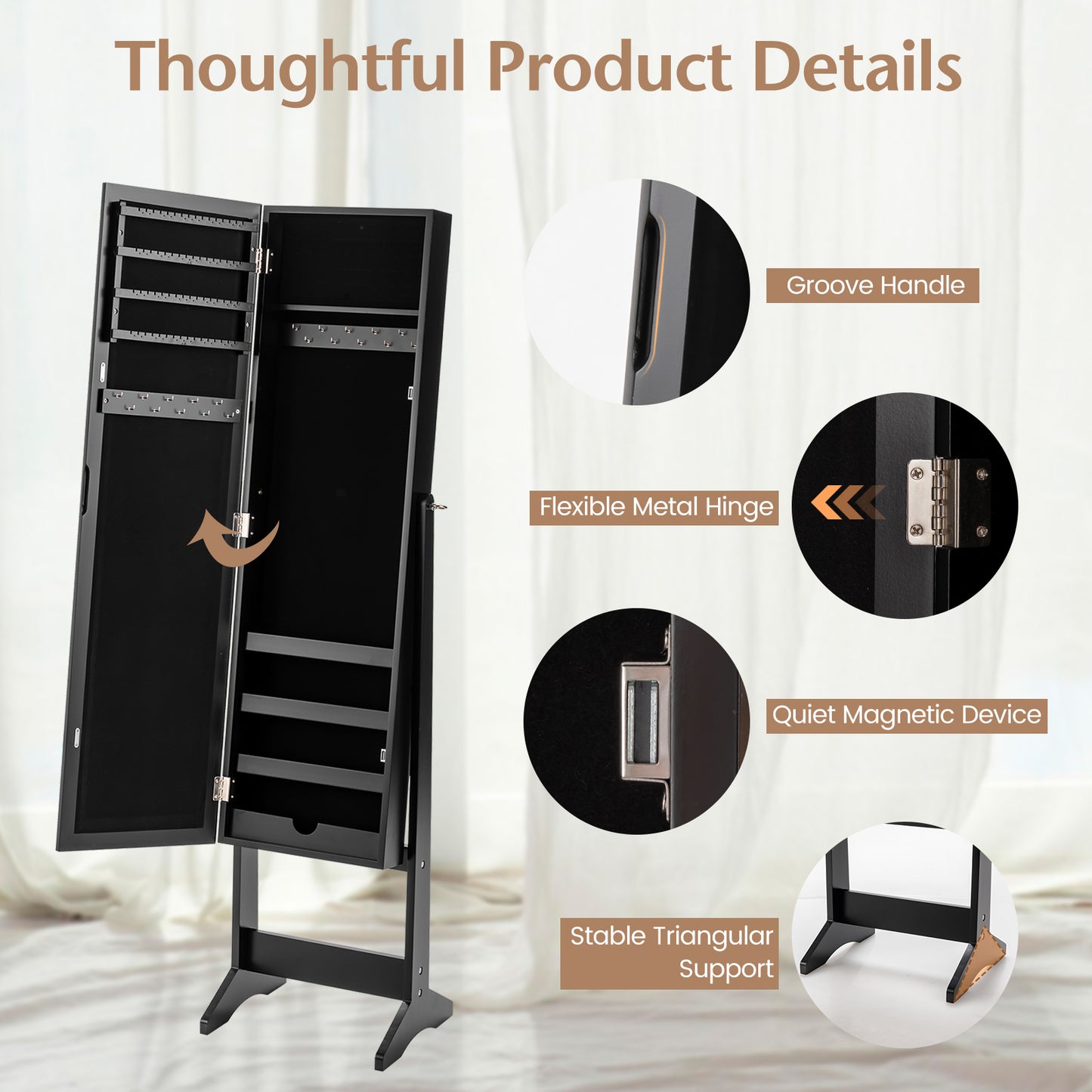 Freestanding Jewelry Cabinet Armoire with Full-Length Mirror and Storage Organizer for Accessories – Black