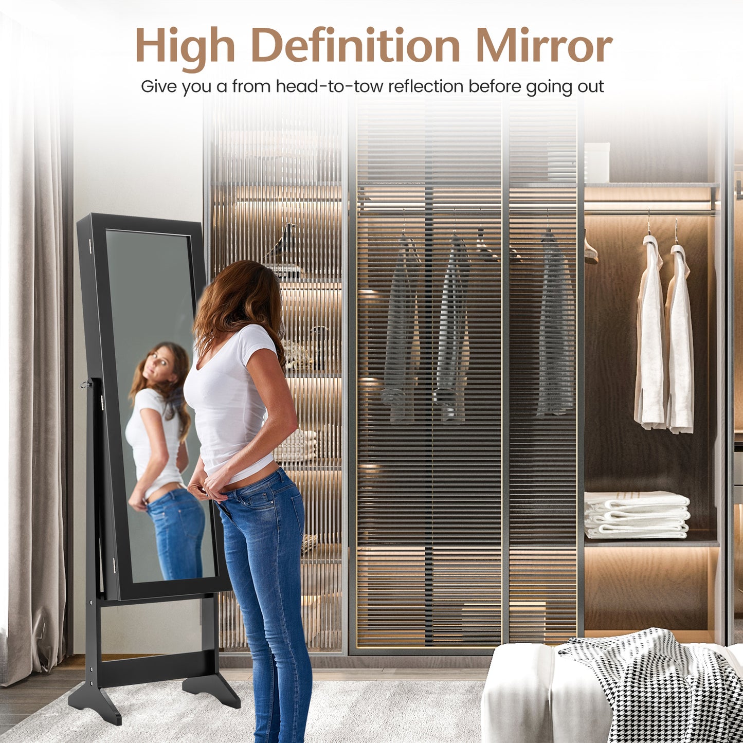 Freestanding Jewelry Cabinet Armoire with Full-Length Mirror and Storage Organizer for Accessories – Black