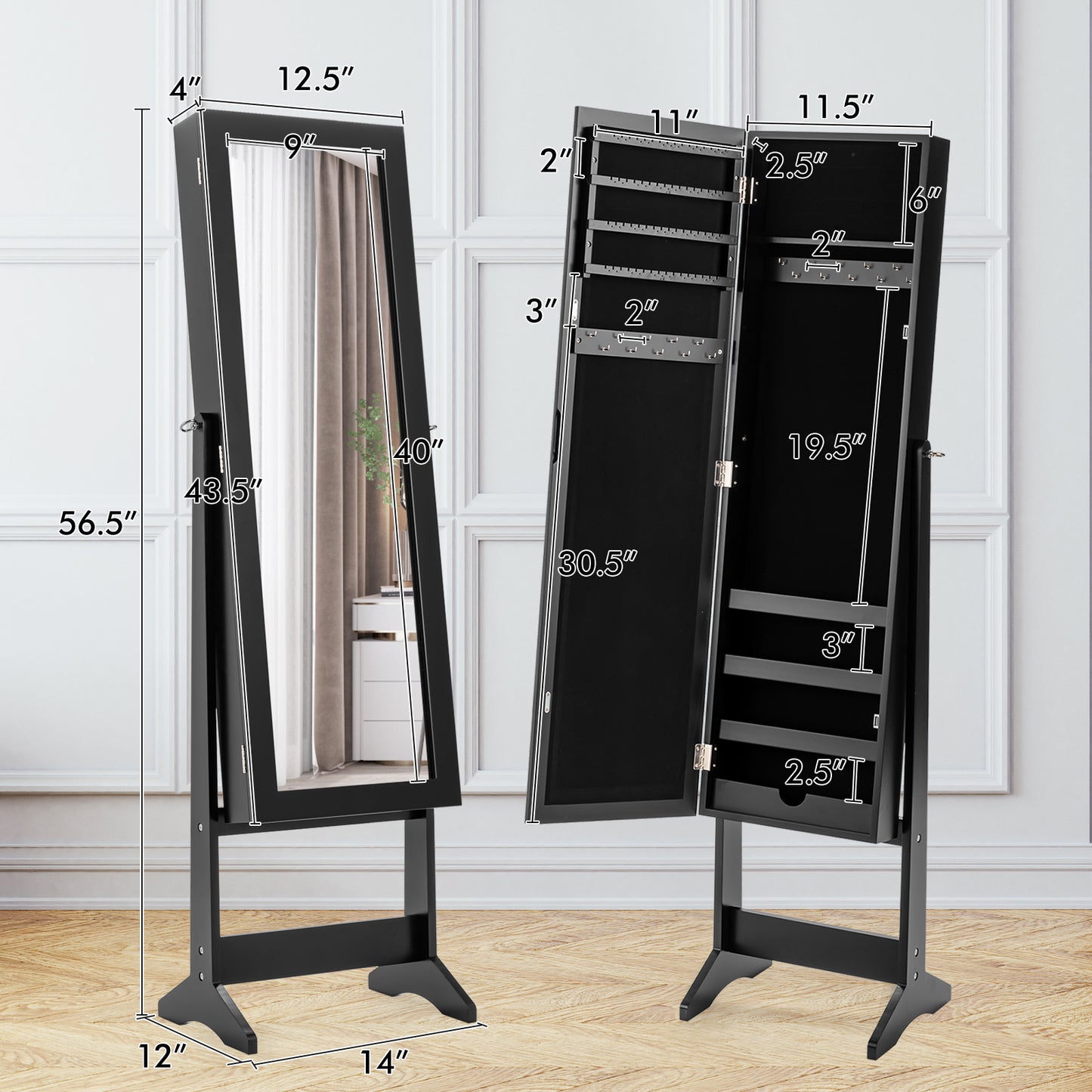 Freestanding Jewelry Cabinet Armoire with Full-Length Mirror and Storage Organizer for Accessories – Black