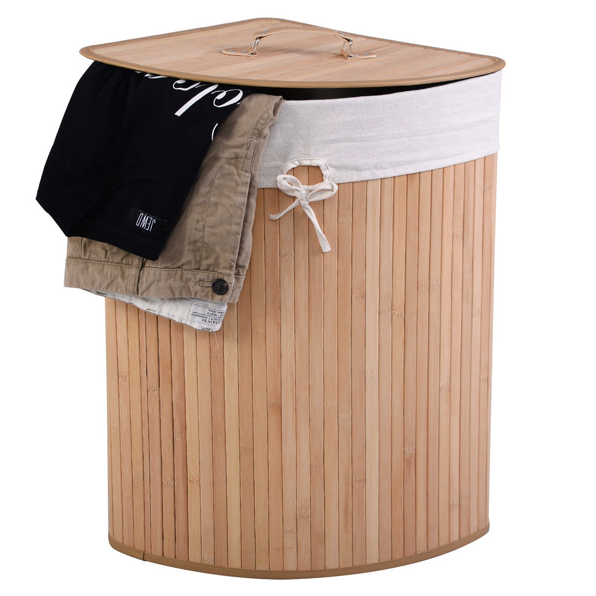 Corner Space Bamboo Laundry Basket with PU Leather Handles