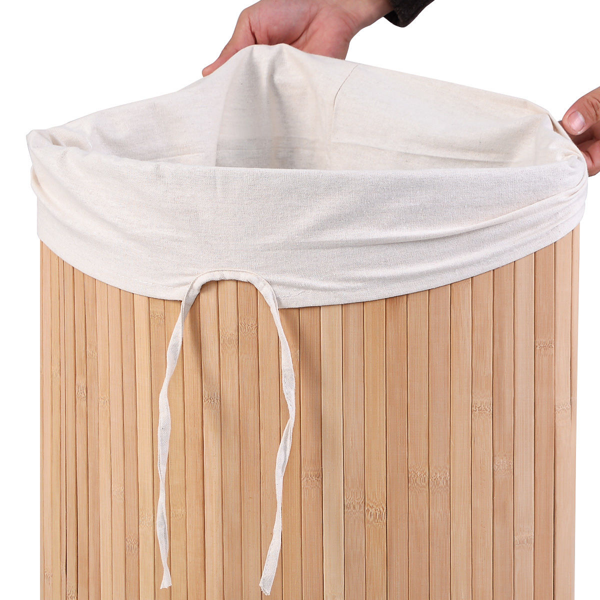 Corner Space Bamboo Laundry Basket with PU Leather Handles