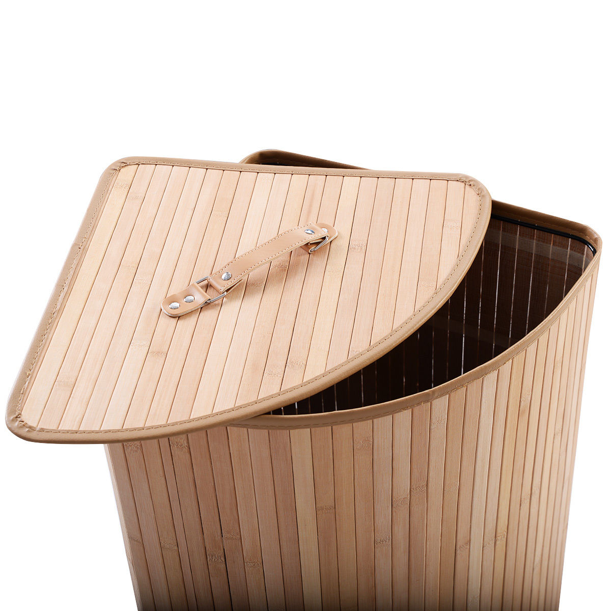 Corner Space Bamboo Laundry Basket with PU Leather Handles