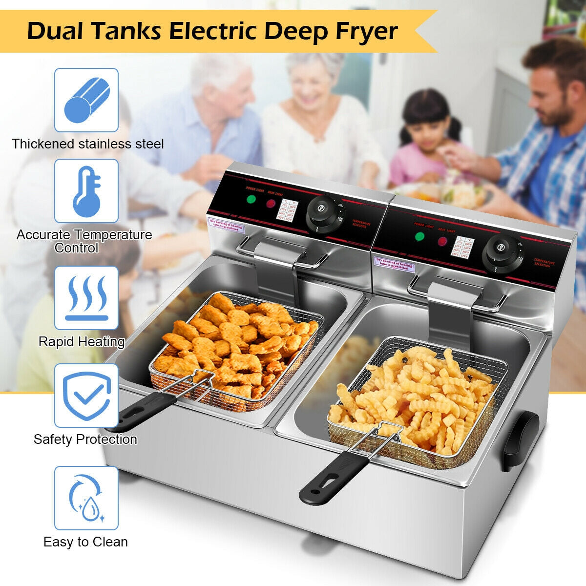 Powerful 3400W Dual Tank Electric Countertop Fryer for High Efficiency Frying