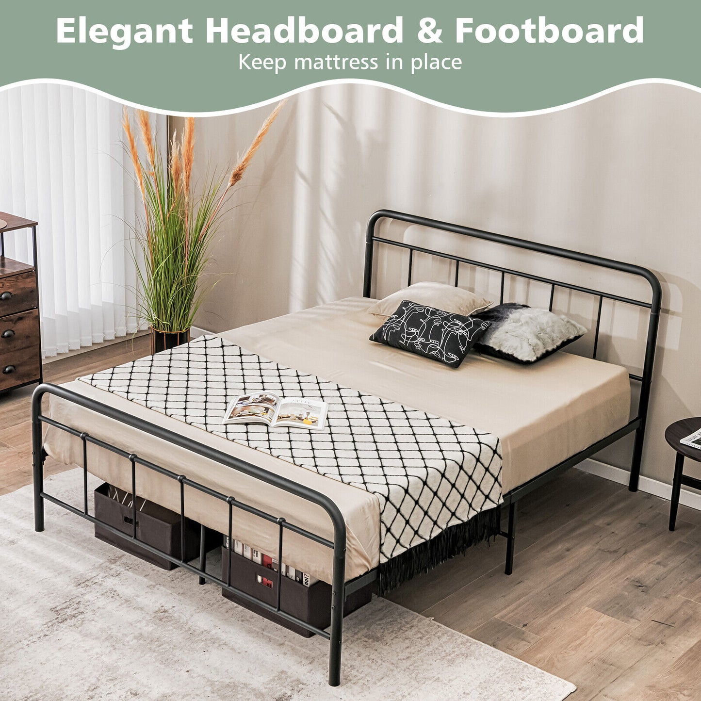Sturdy Heavy Duty Metal Platform Bed Frame with Elegant Headboard - Full Size