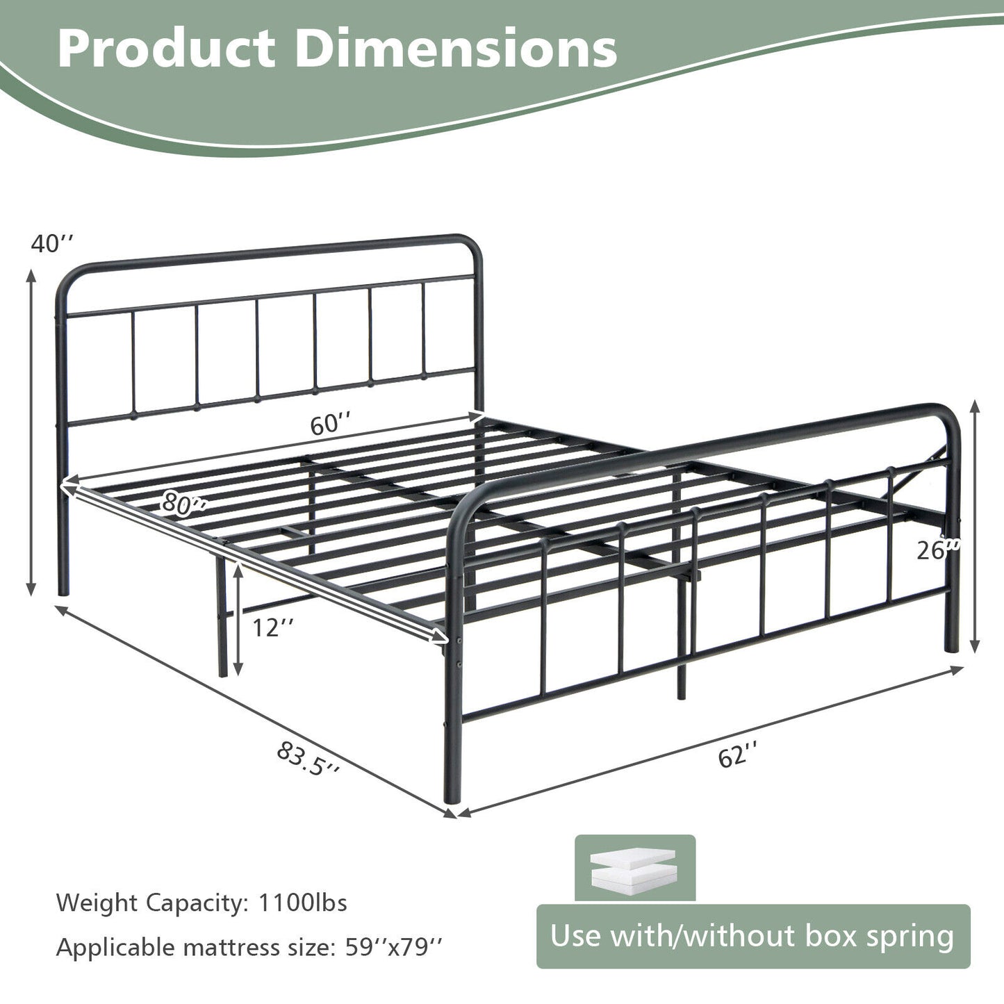 Sturdy Heavy Duty Metal Platform Bed Frame with Elegant Headboard - Queen Size