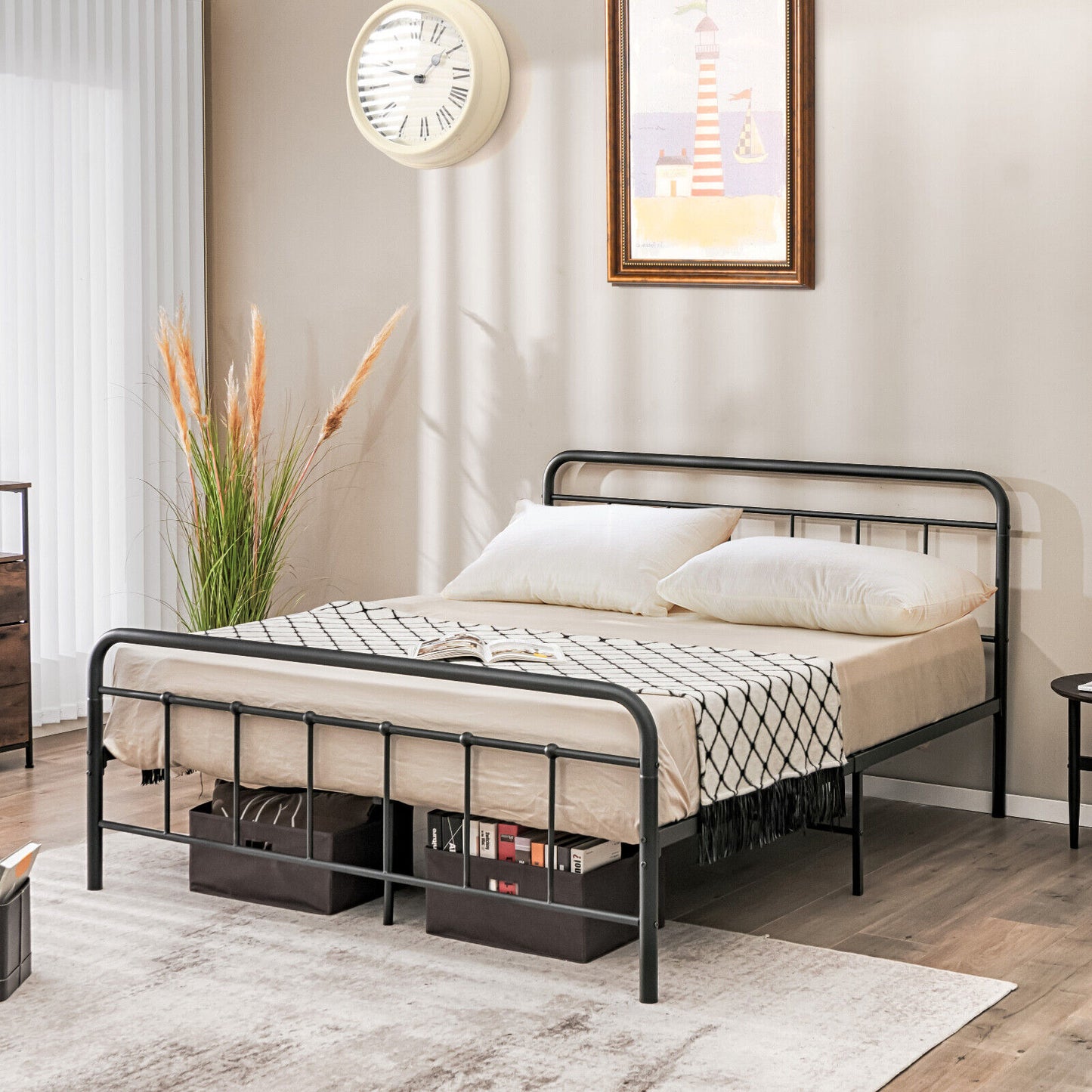Sturdy Heavy Duty Metal Platform Bed Frame with Elegant Headboard - Queen Size