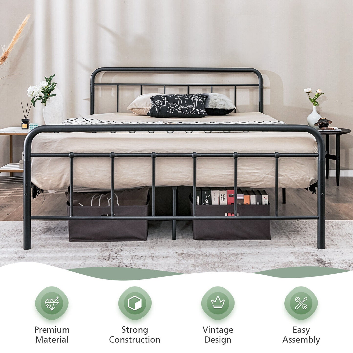Sturdy Heavy Duty Metal Platform Bed Frame with Elegant Headboard - Queen Size