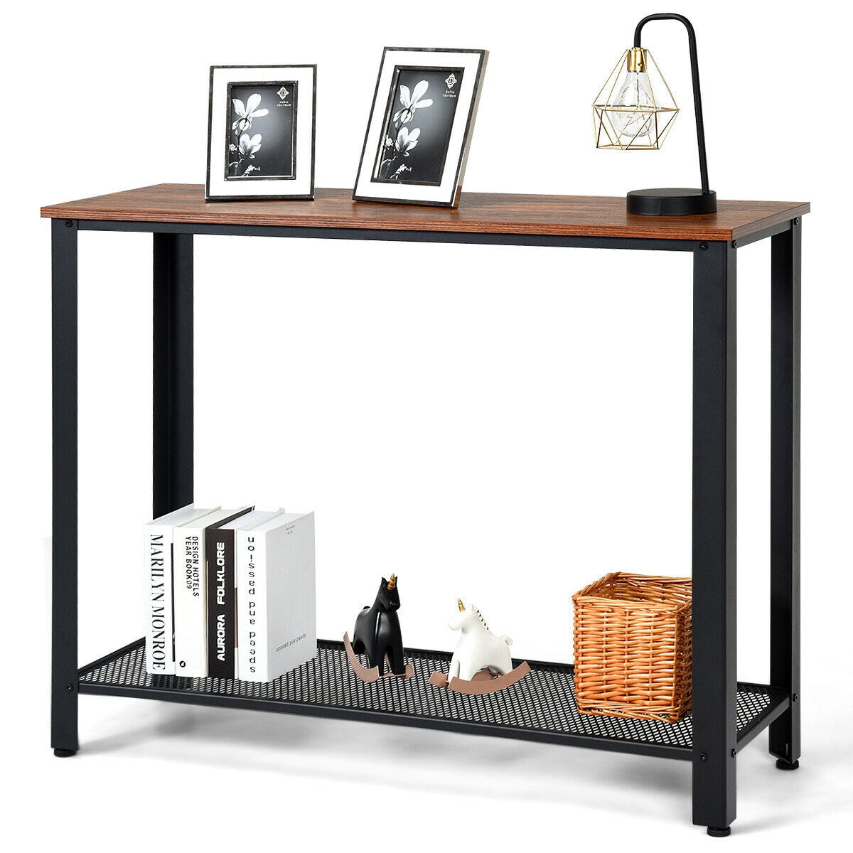 Wood Console Sofa Table with Metal Frame and Storage Shelf - Black