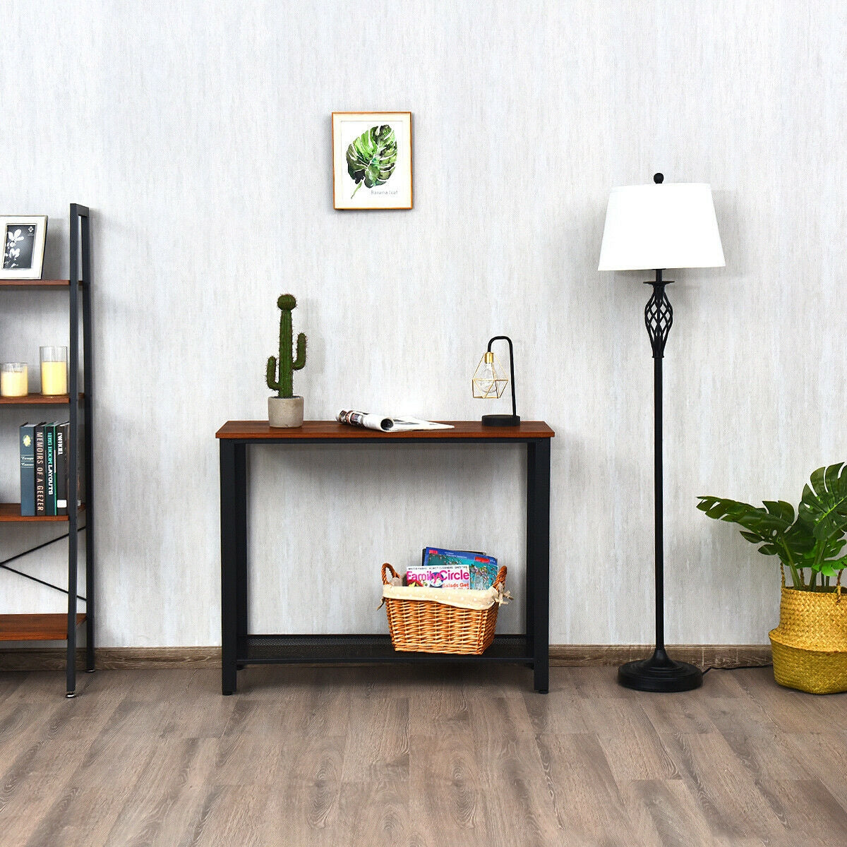 Wood Console Sofa Table with Metal Frame and Storage Shelf - Black