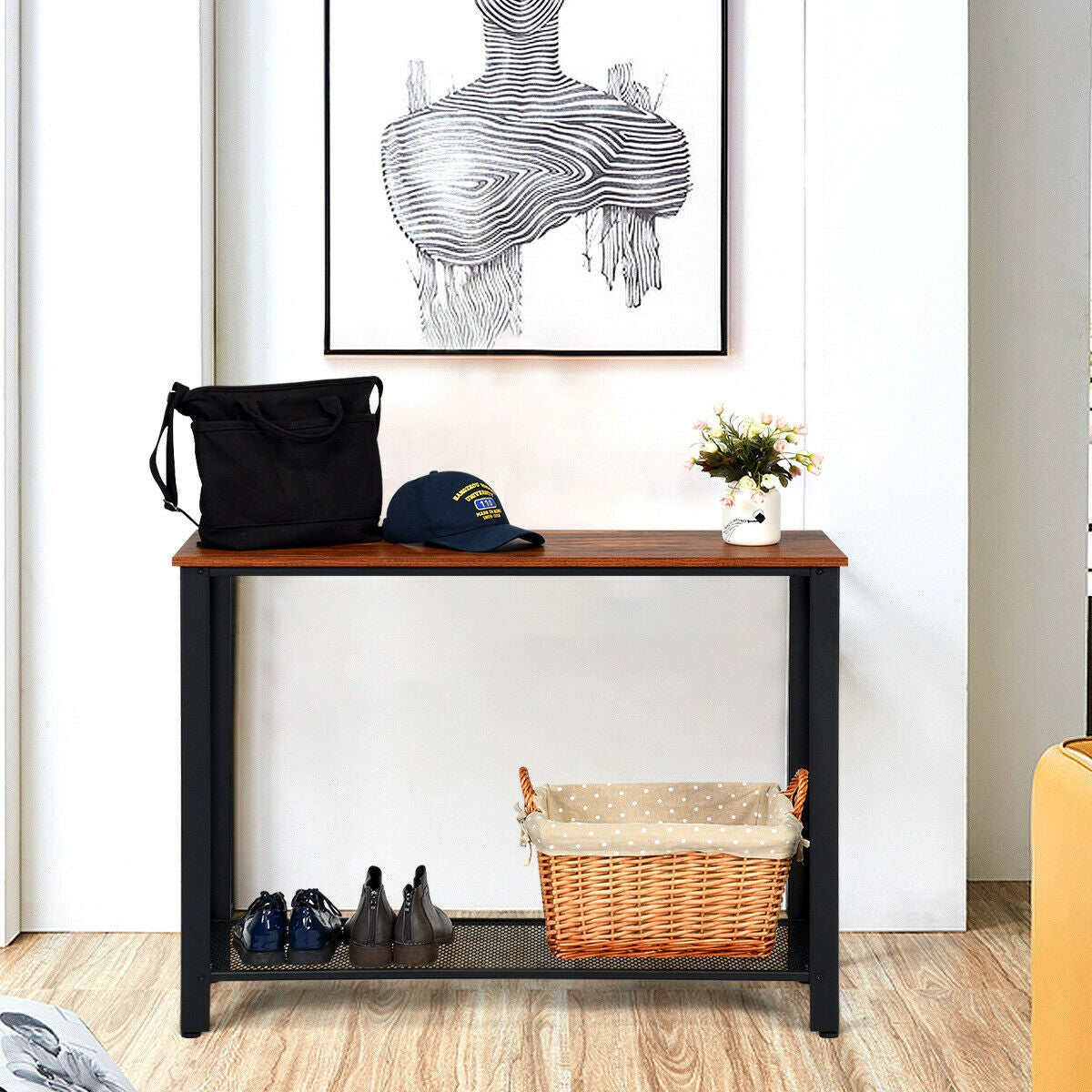 Wood Console Sofa Table with Metal Frame and Storage Shelf - Black