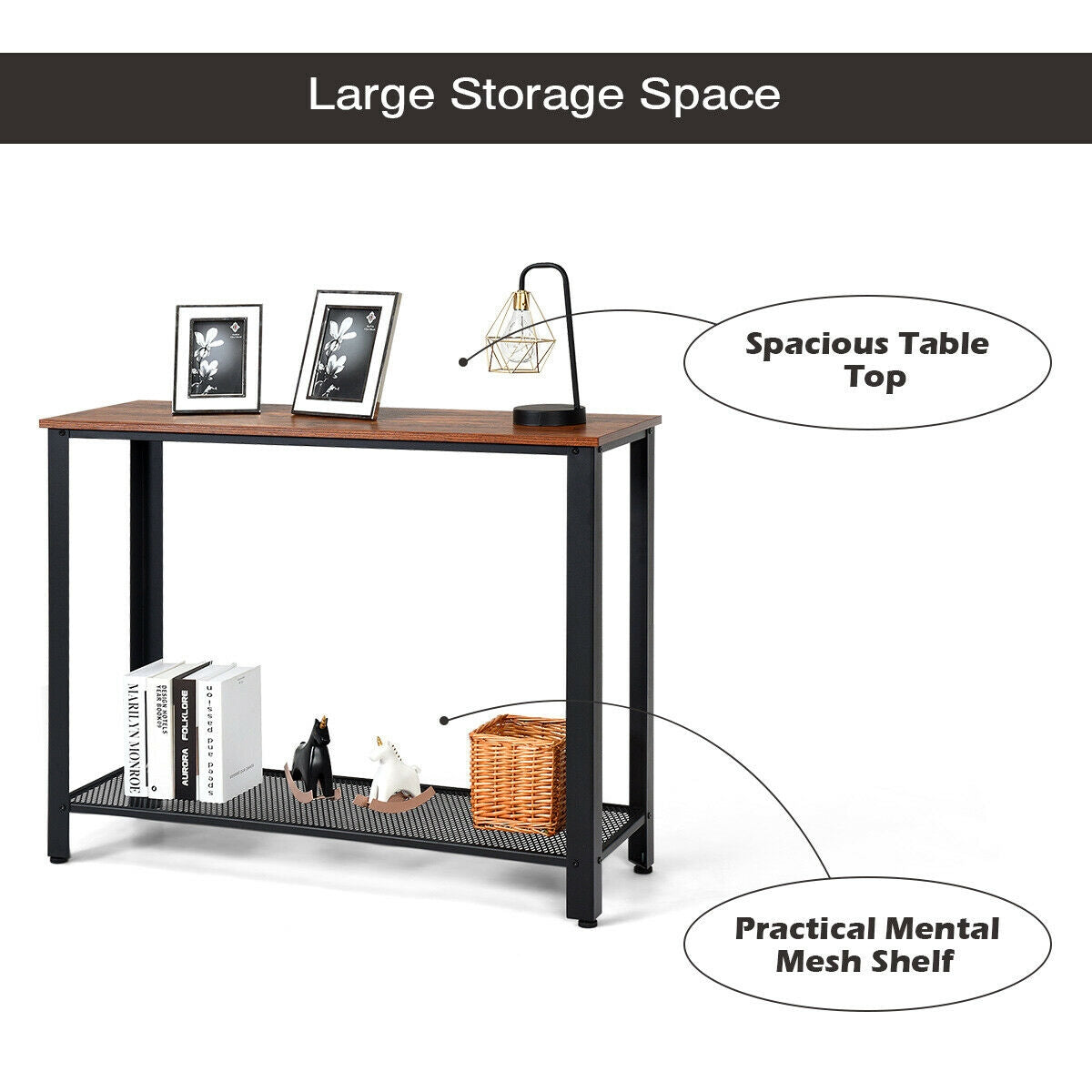 Wood Console Sofa Table with Metal Frame and Storage Shelf - Black