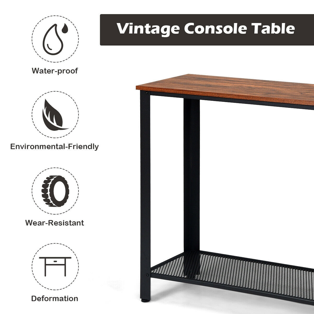 Wood Console Sofa Table with Metal Frame and Storage Shelf - Black