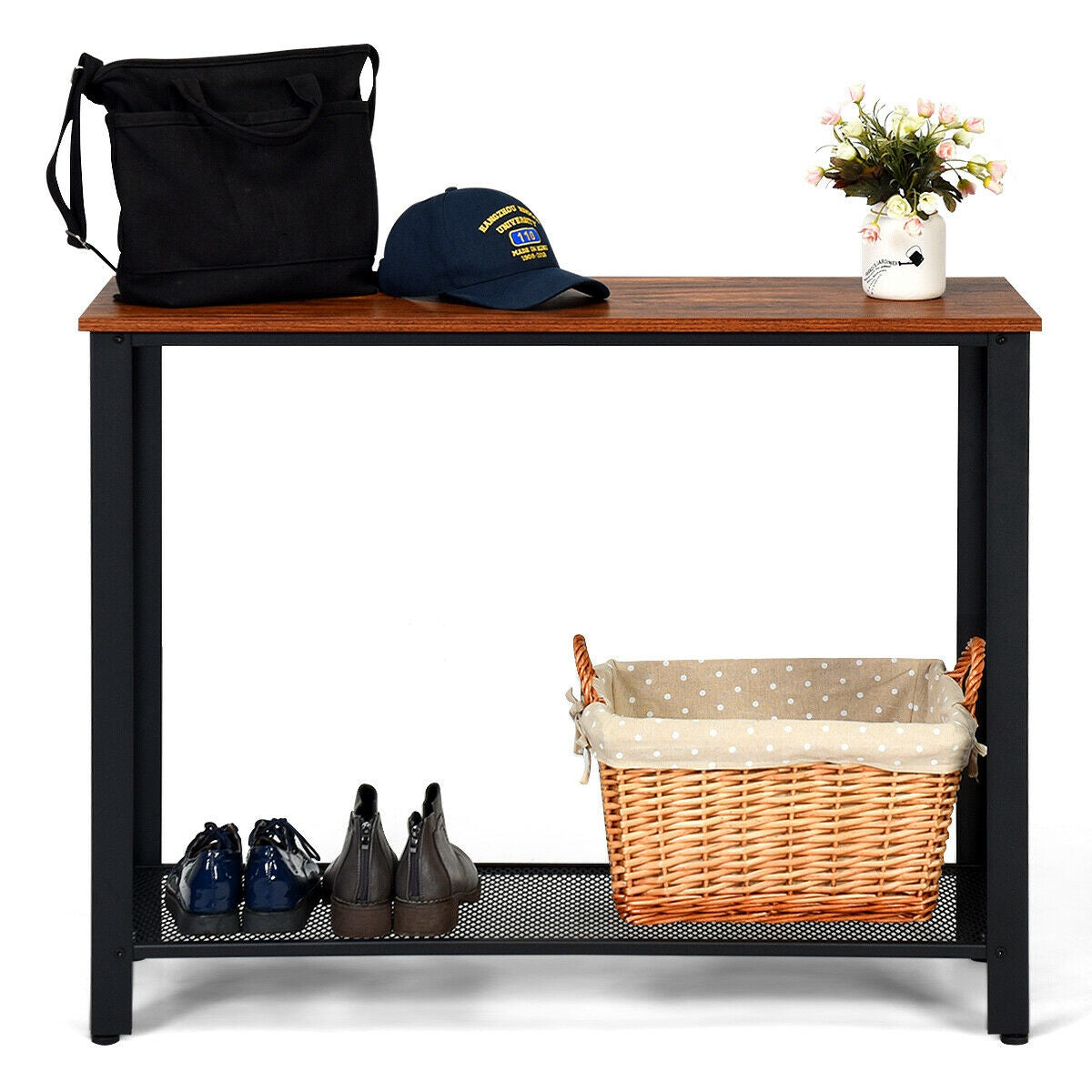 Wood Console Sofa Table with Metal Frame and Storage Shelf - Black