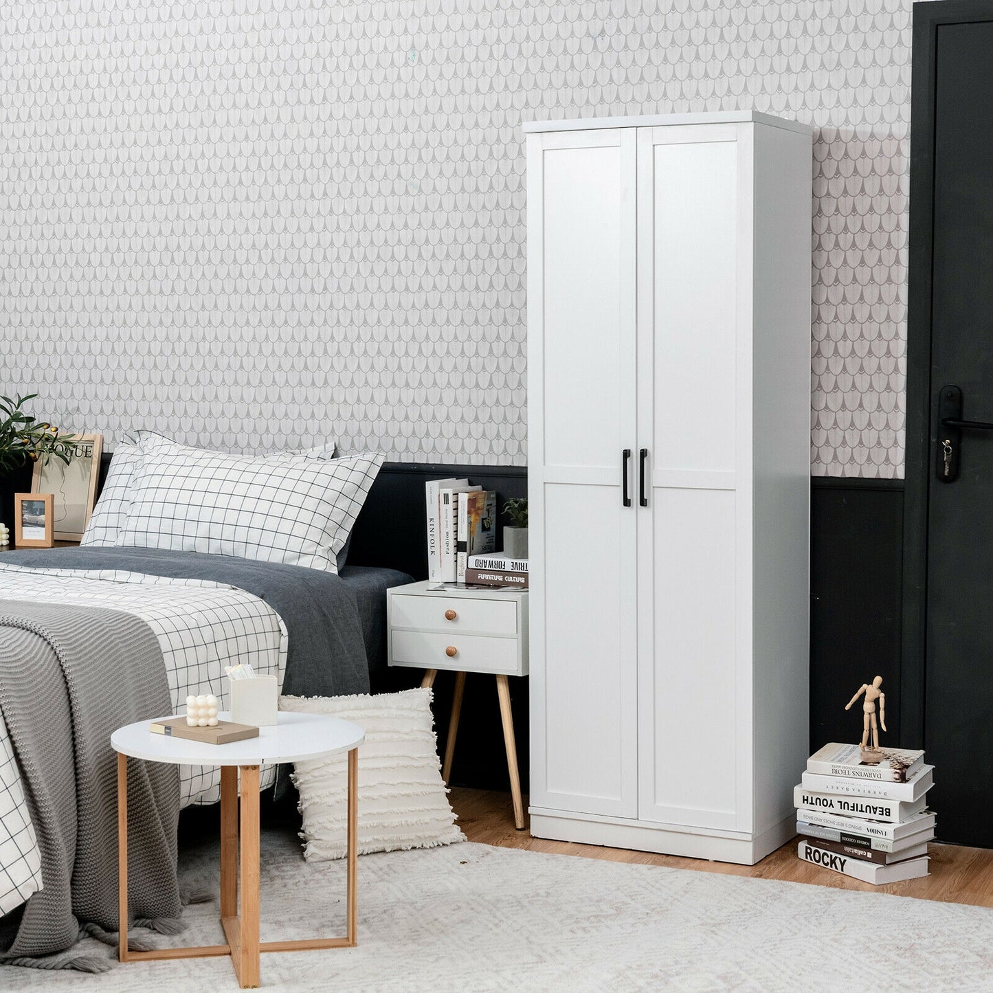 70 Inch Freestanding Storage Cabinet with Adjustable Shelves and Double Doors - White