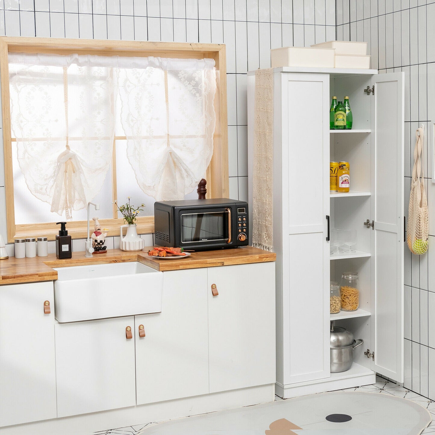 70 Inch Freestanding Storage Cabinet with Adjustable Shelves and Double Doors - White
