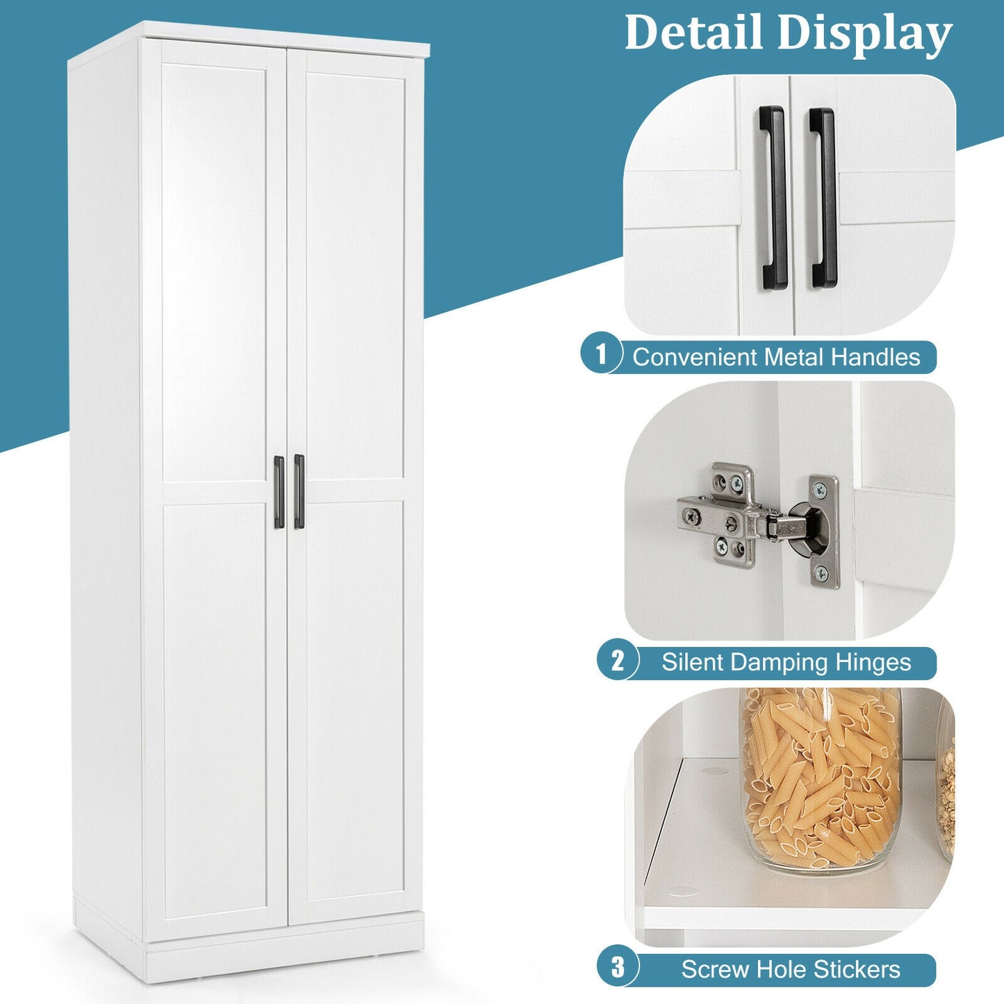 70 Inch Freestanding Storage Cabinet with Adjustable Shelves and Double Doors - White