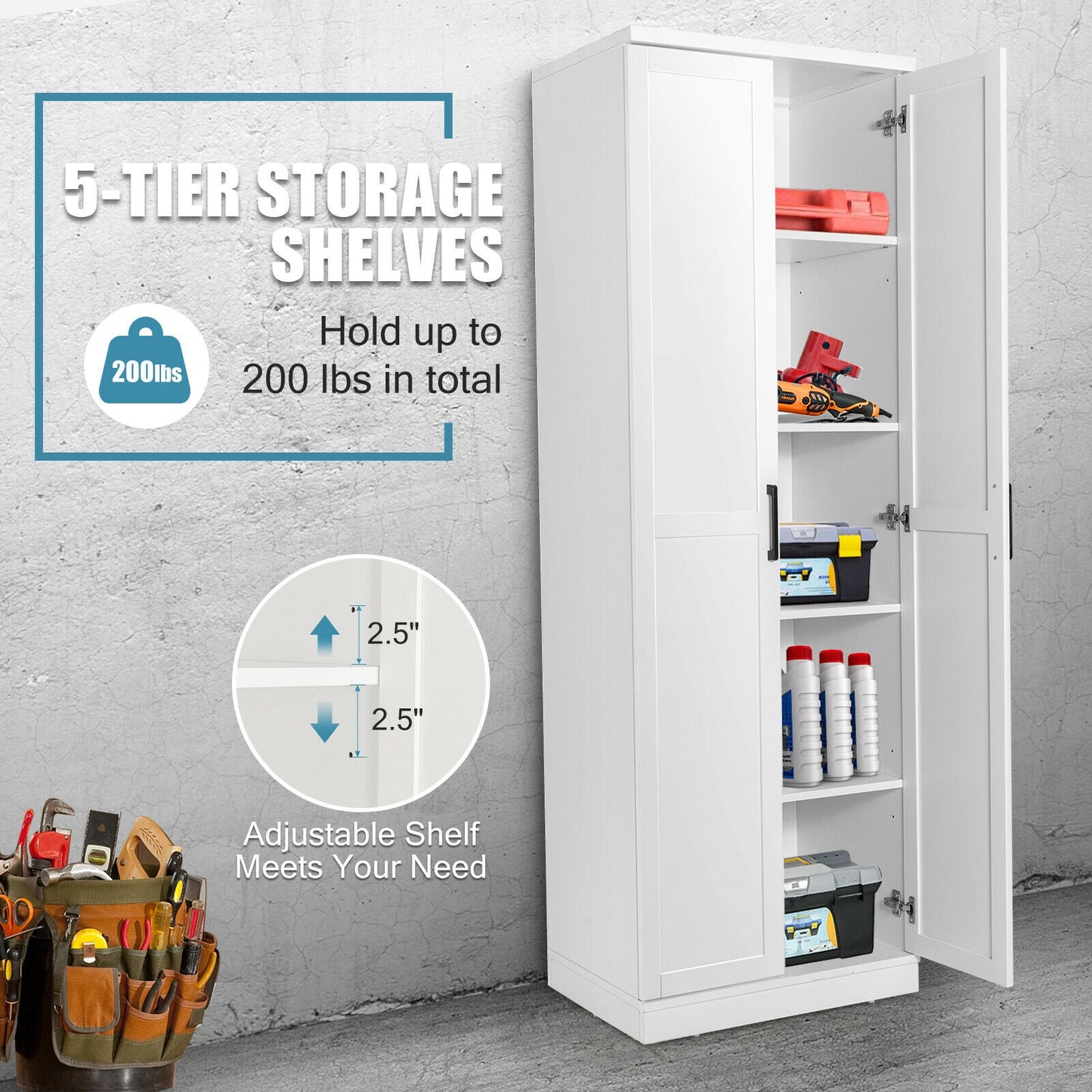 70 Inch Freestanding Storage Cabinet with Adjustable Shelves and Double Doors - White