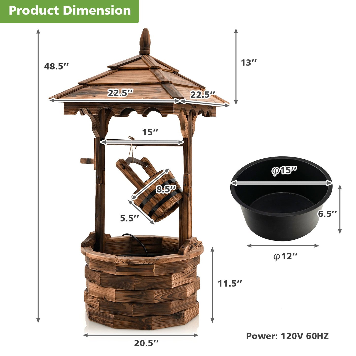 Rustic Wooden Patio Water Fountain with Adjustable Electric Pump
