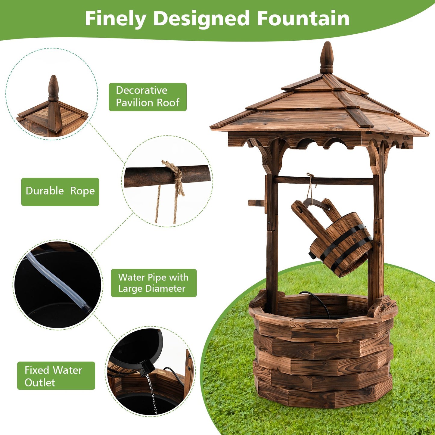Rustic Wooden Patio Water Fountain with Adjustable Electric Pump