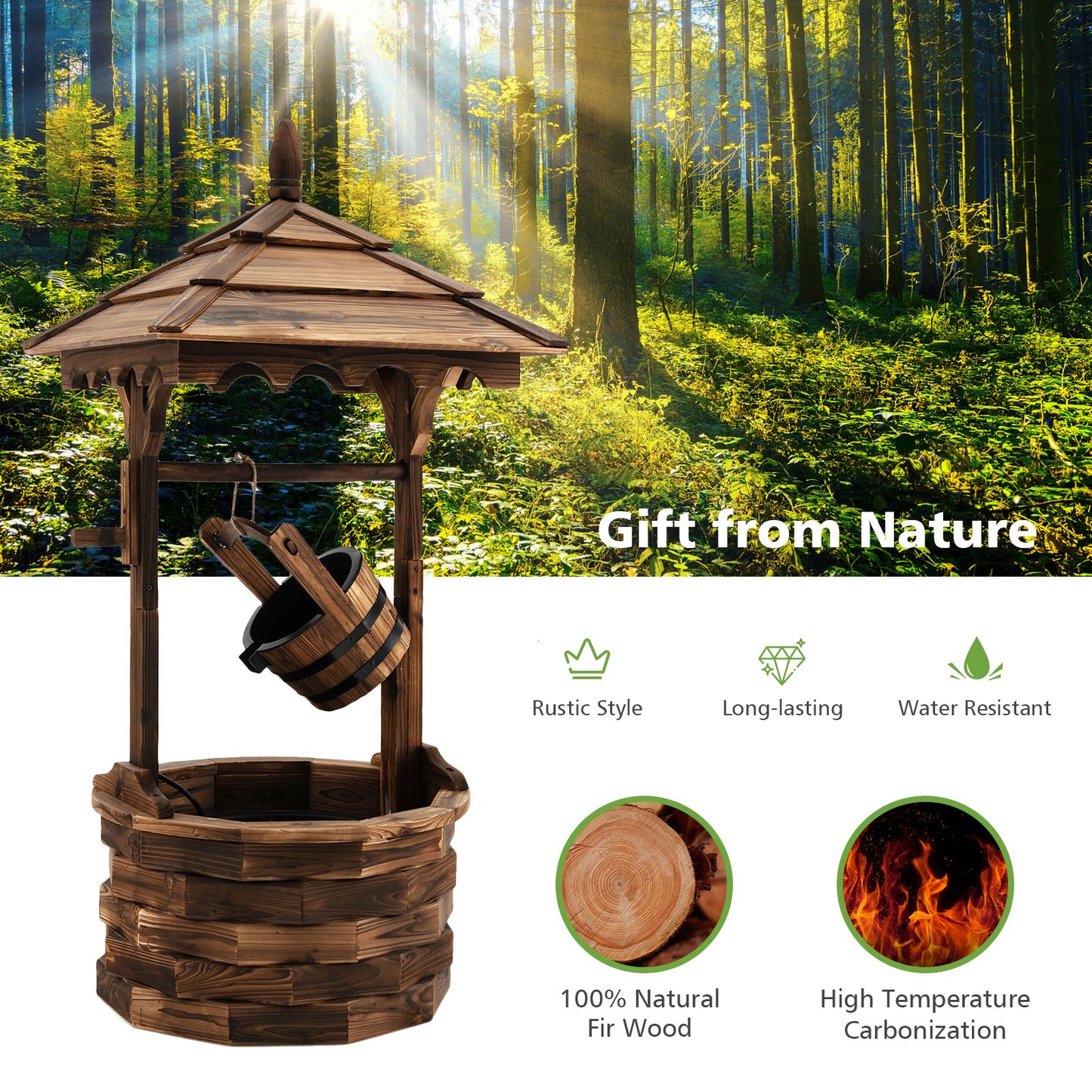 Rustic Wooden Patio Water Fountain with Adjustable Electric Pump