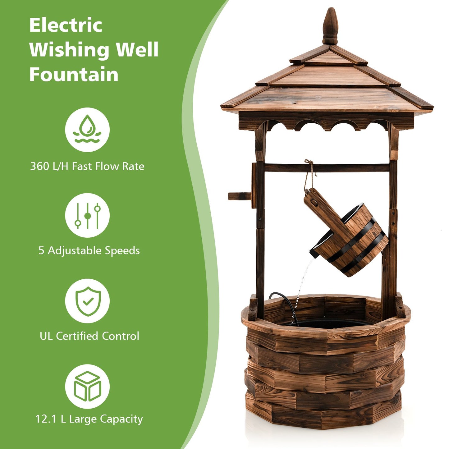 Rustic Wooden Patio Water Fountain with Adjustable Electric Pump