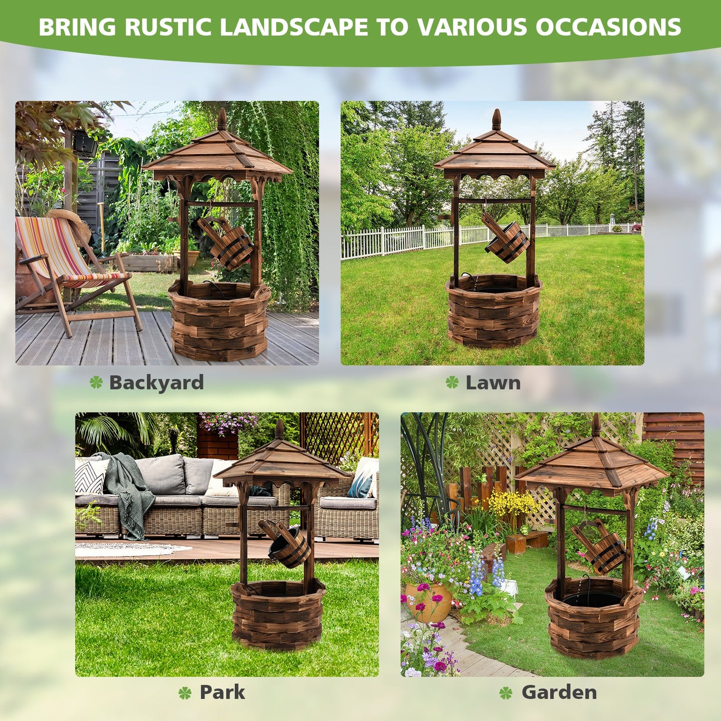 Rustic Wooden Patio Water Fountain with Adjustable Electric Pump