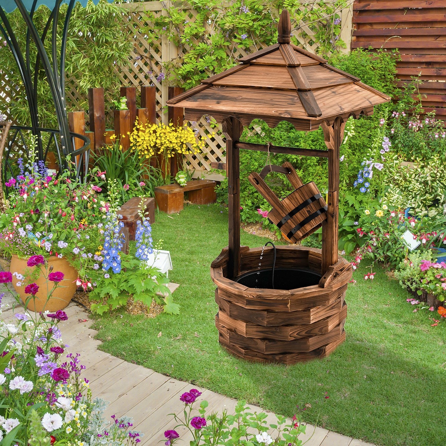 Rustic Wooden Patio Water Fountain with Adjustable Electric Pump