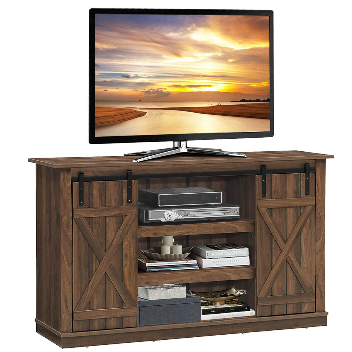 Sliding Barn Door TV Stand with Adjustable Shelves and Storage for TVs up to 60 Inches - Brown