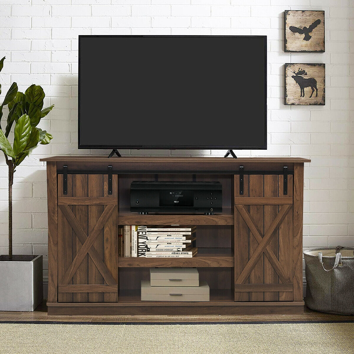 Sliding Barn Door TV Stand with Adjustable Shelves and Storage for TVs up to 60 Inches - Brown
