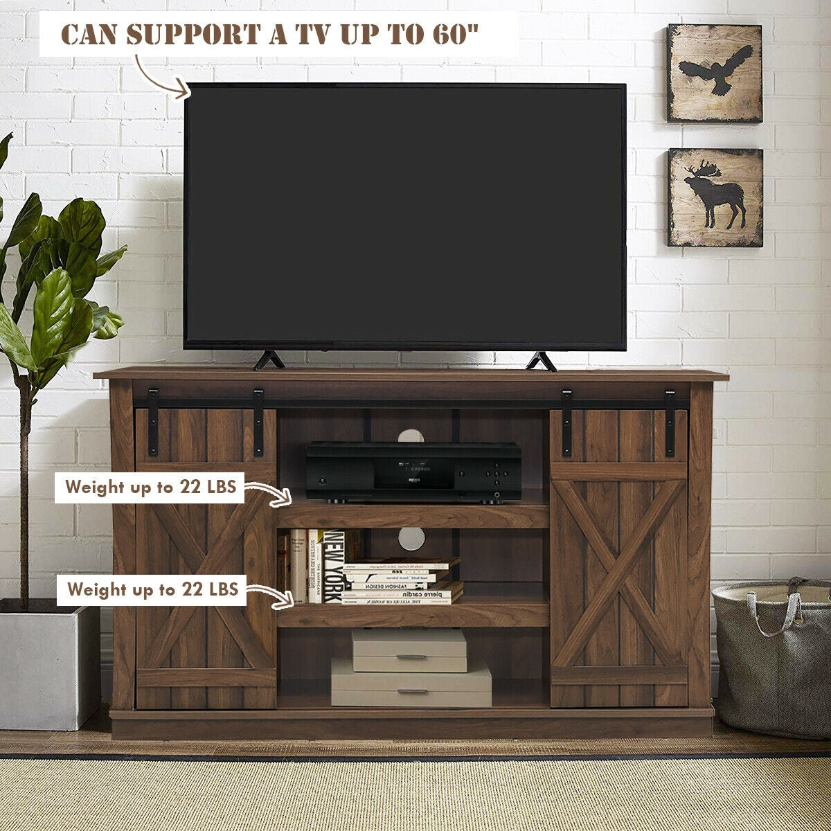 Sliding Barn Door TV Stand with Adjustable Shelves and Storage for TVs up to 60 Inches - Brown