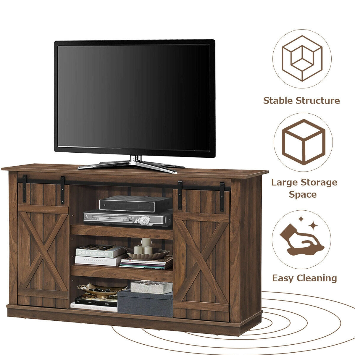 Sliding Barn Door TV Stand with Adjustable Shelves and Storage for TVs up to 60 Inches - Brown