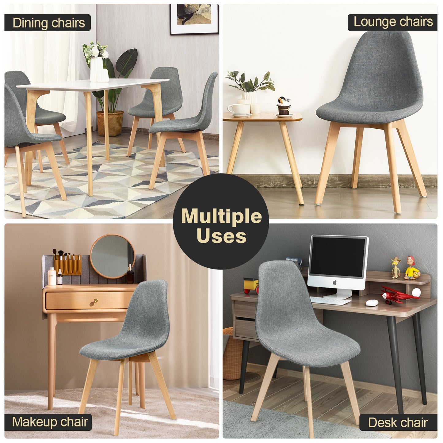 Modern Dining Chairs with Fabric Cushions and Wooden Legs, Set of 2