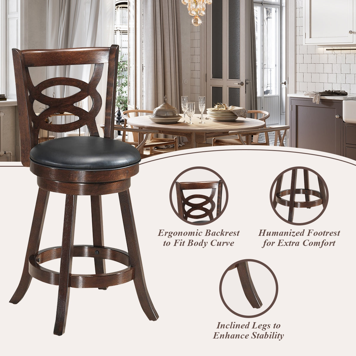 24 Inch Swivel Counter Height Dining Chair with Upholstered Cushion Seat