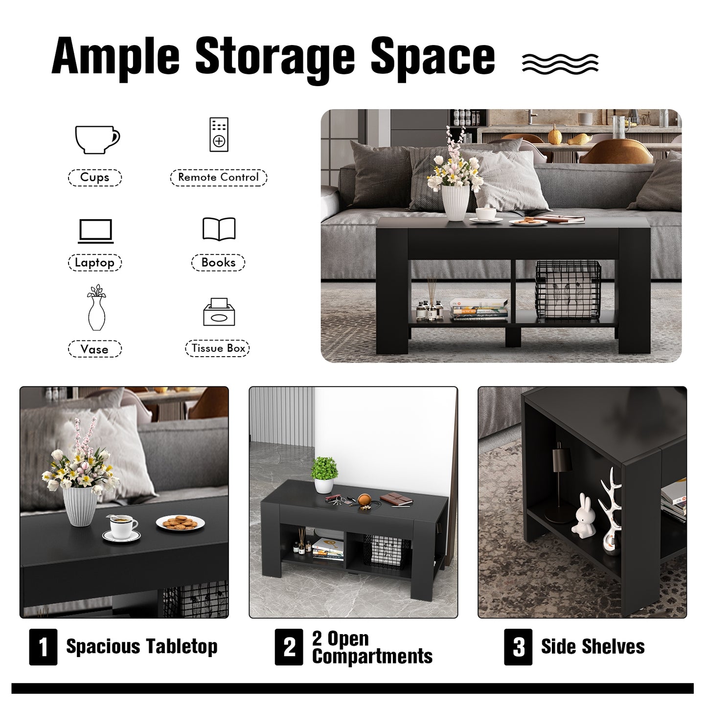 Modern 2-Tier Wooden Coffee Table with Open Storage Shelf for Living Room or Sofa Side