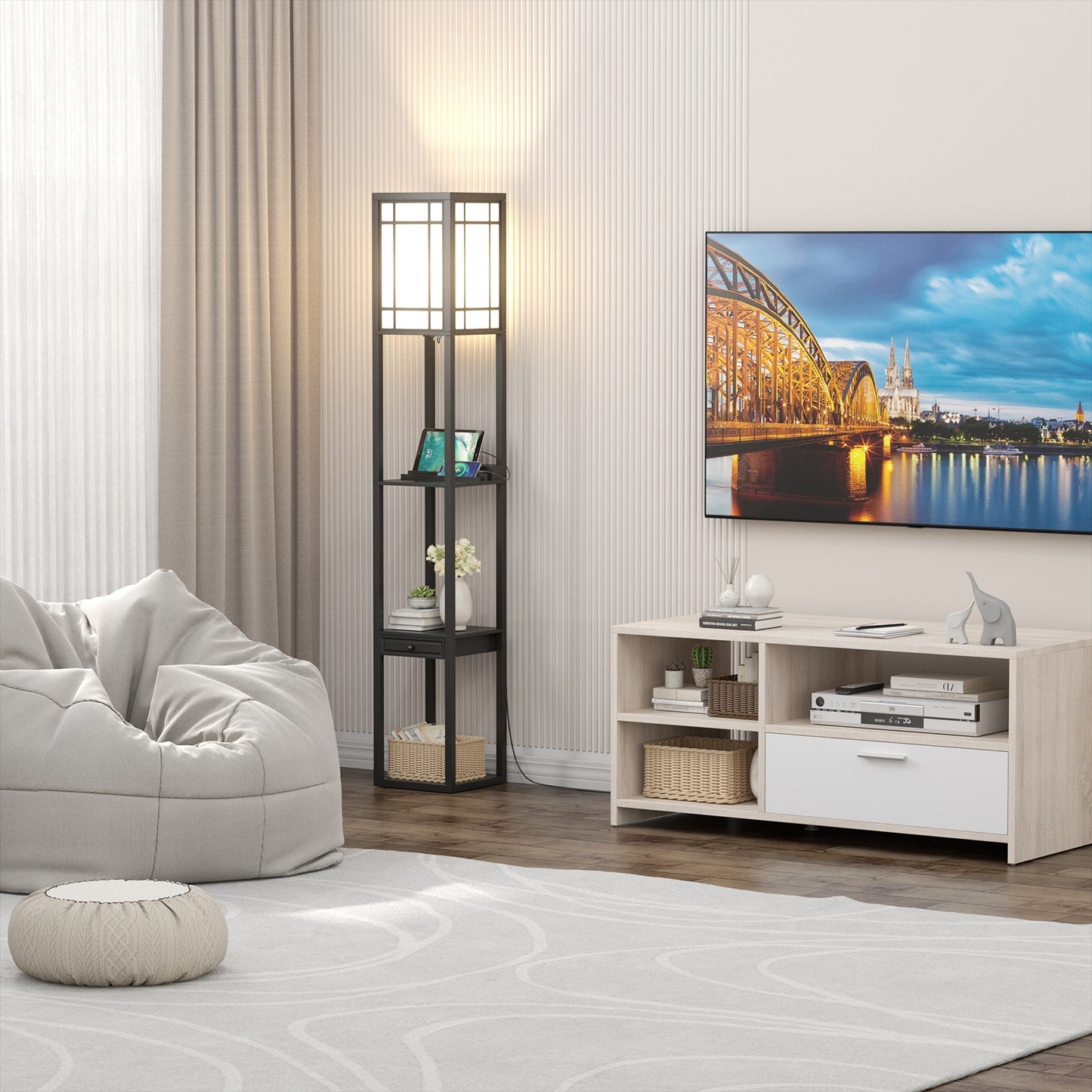 Multifunctional Modern Floor Lamp with Storage Shelves and Drawer