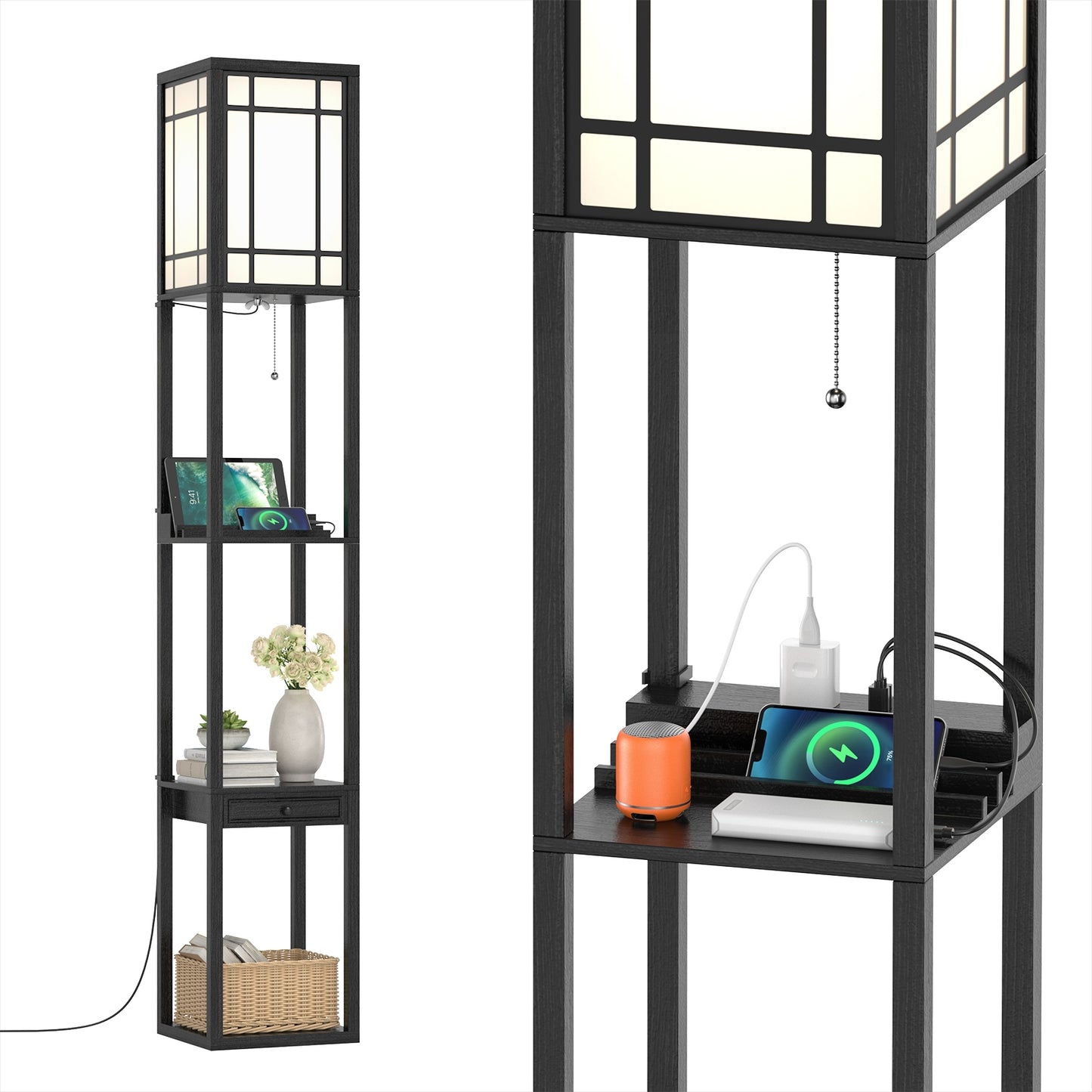 Multifunctional Modern Floor Lamp with Storage Shelves and Drawer