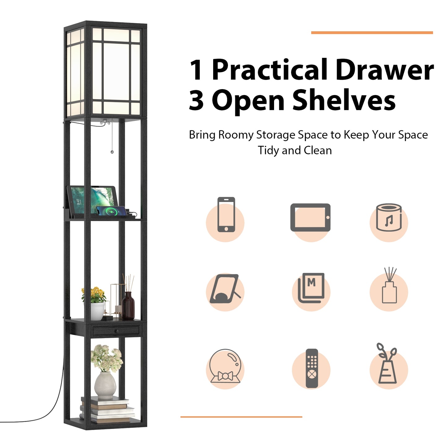 Multifunctional Modern Floor Lamp with Storage Shelves and Drawer