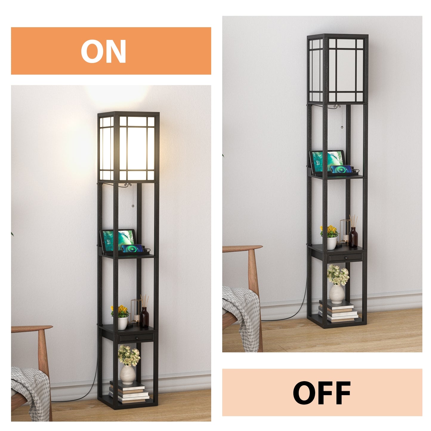 Multifunctional Modern Floor Lamp with Storage Shelves and Drawer