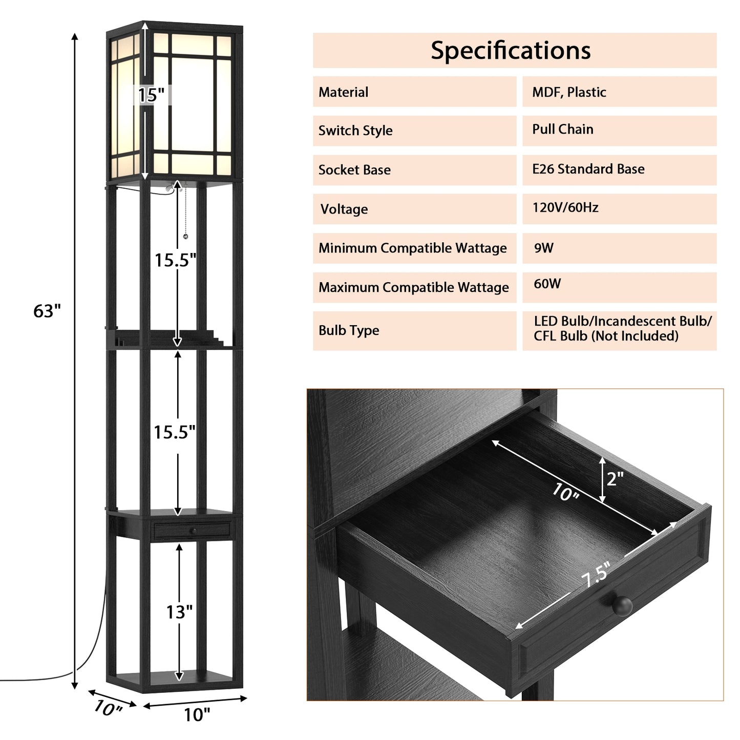 Multifunctional Modern Floor Lamp with Storage Shelves and Drawer