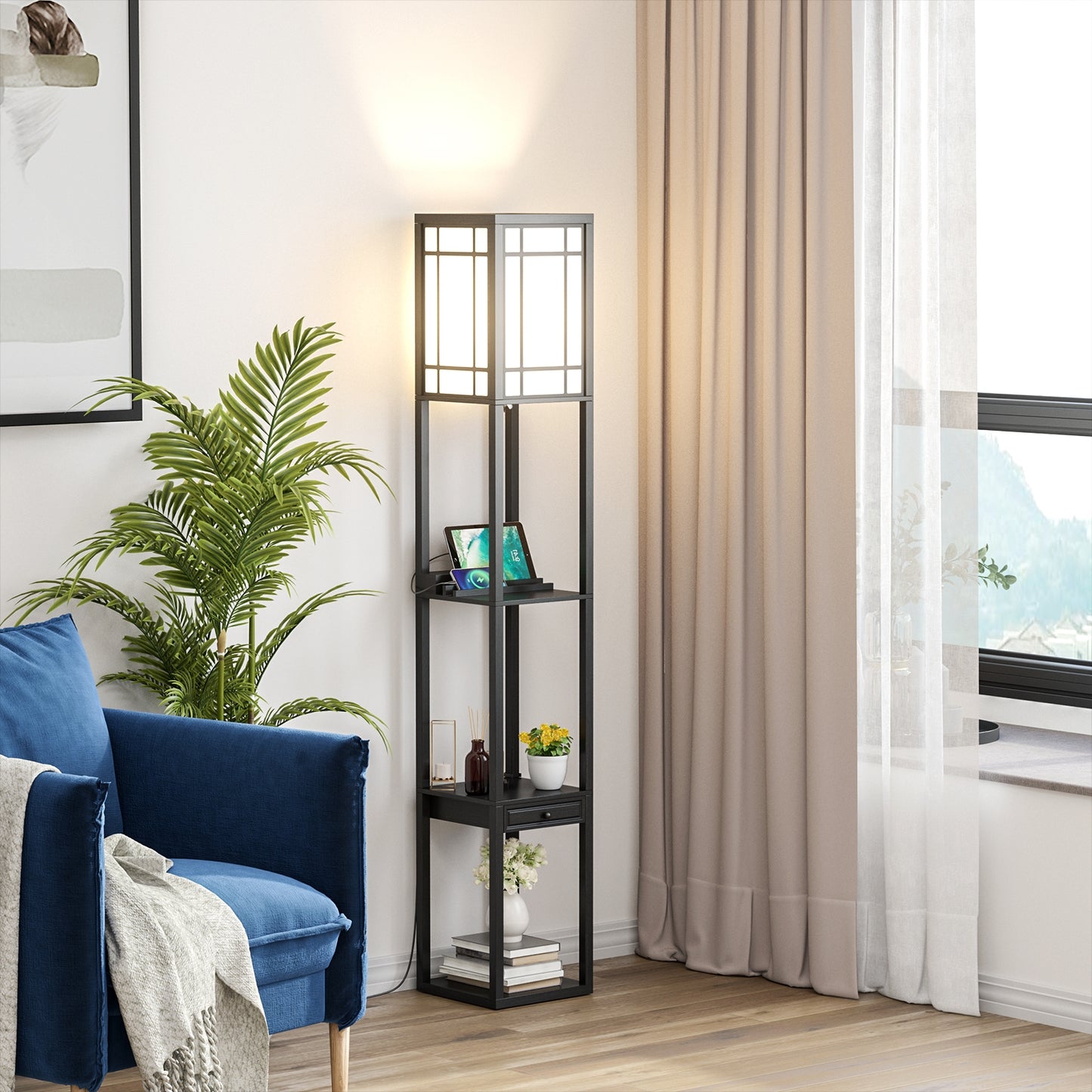 Multifunctional Modern Floor Lamp with Storage Shelves and Drawer