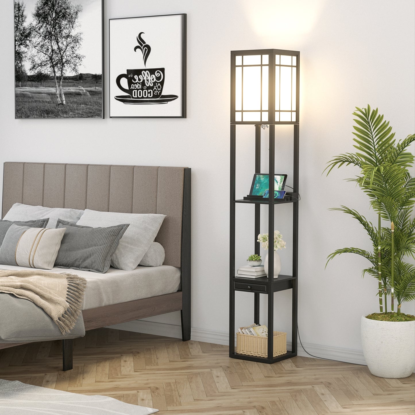 Multifunctional Modern Floor Lamp with Storage Shelves and Drawer