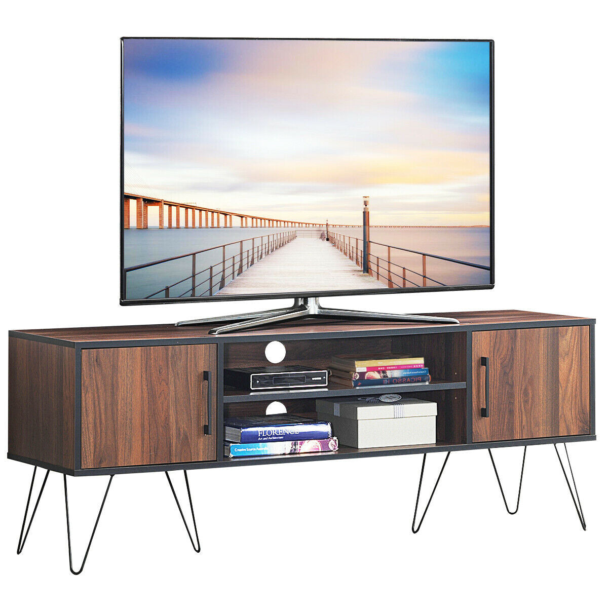 59 Inch Mid-Century TV Stand for TVs up to 65 Inch with Storage and Metal Legs - Walnut