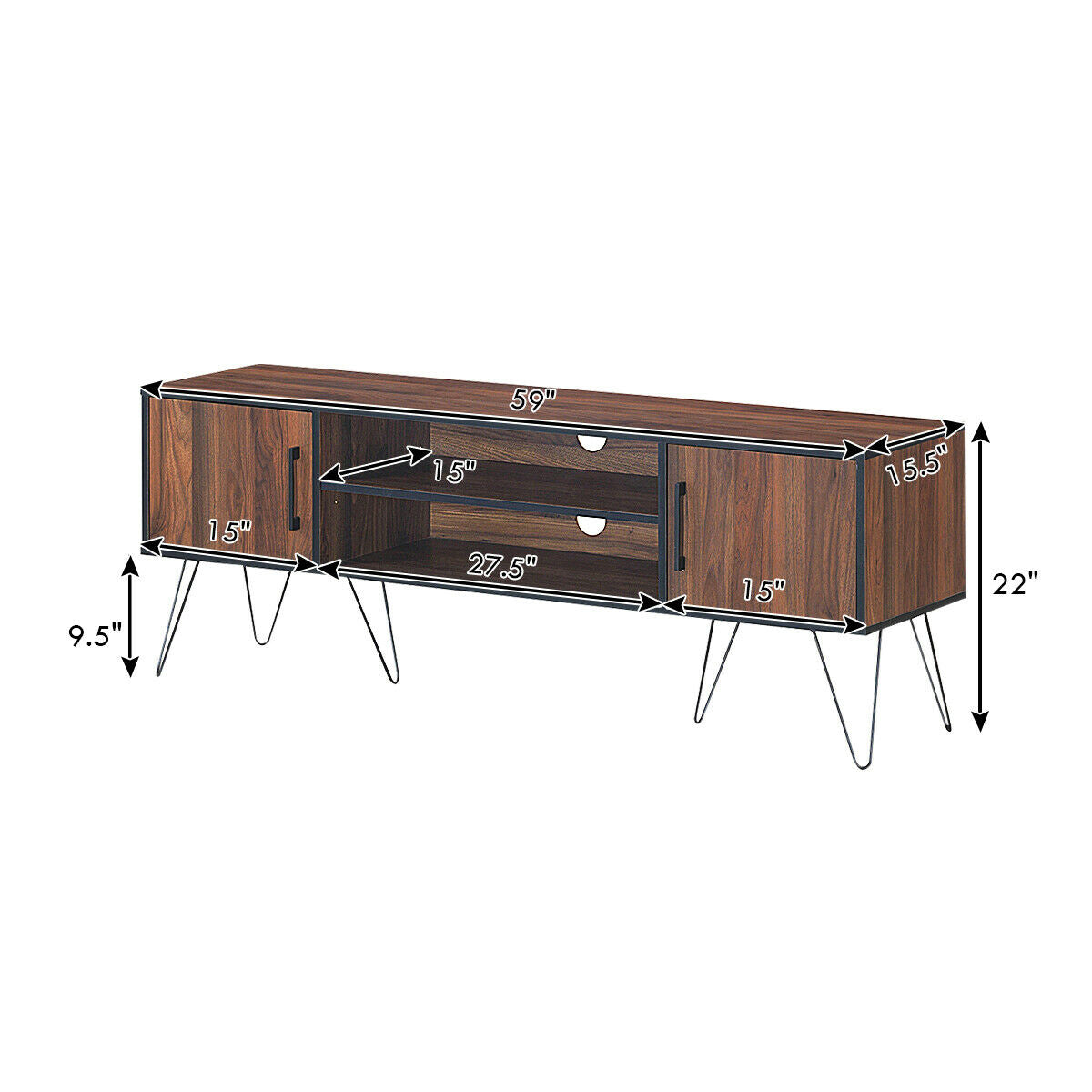 59 Inch Mid-Century TV Stand for TVs up to 65 Inch with Storage and Metal Legs - Walnut