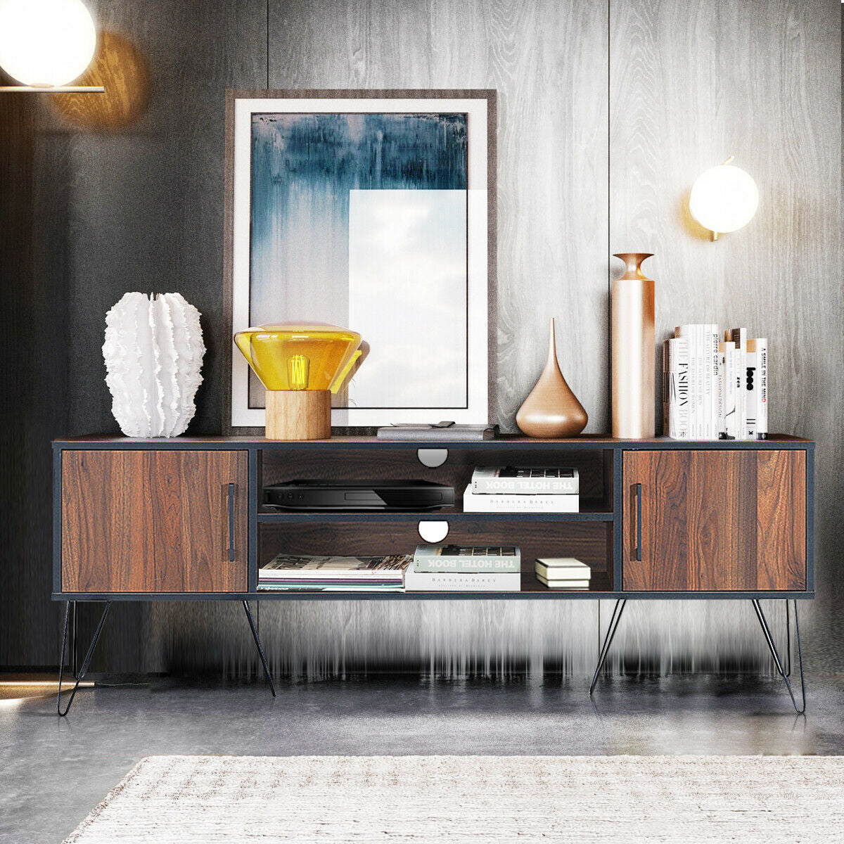 59 Inch Mid-Century TV Stand for TVs up to 65 Inch with Storage and Metal Legs - Walnut