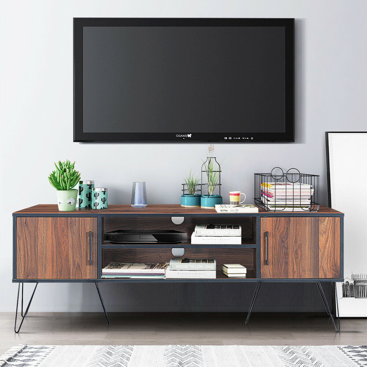 59 Inch Mid-Century TV Stand for TVs up to 65 Inch with Storage and Metal Legs - Walnut